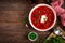 Traditional ukrainian borscht, vegetable soup with tomato, beet, carrot, potato, pepper, cabbage and fresh greens, beetroot soup i