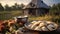 Traditional ukrainian dumplings with cottage in the background. Generative AI.