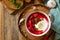 Traditional Ukrainian Russian borscht. Borsch, beetroot Soup with Sour Cream