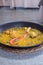 Traditional Valencian cuisine. The national Spanish dish of Valencia is Paella Valencia. Tasty lunch in a Spanish restaurant.