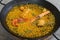 Traditional Valencian cuisine. The national Spanish dish of Valencia is Paella Valencia. Tasty lunch in a Spanish restaurant.