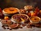 A traditional variety of Thanksgiving pies with pumpkin. Created by AI