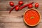 Traditional vegetable gazpacho. Wooden rustic background. Top view