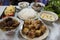 Traditional Vietnamese Bun Cha meal with soup, meat and fried sp