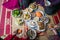 A traditional Vietnamese meal for lunar new year Tet holiday in spring, placed on new flowered sedge mat, on the last day of the l