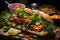 Traditional Vietnamese sandwich banh mi with mix of meat, vegetables and herbs