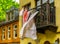 Traditional wash drying outside, clothes drying rack on a balcony, Vintage household equipment