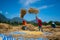 Traditional way of asian people for threshing the rice straw