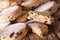 Traditional Welsh cakes with raisins and powdered sugar macro. H