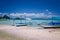 Traditional white banca boats on beautiful Corong Corong beach, El Nido village. Palawan, Philippines. Summer exotic