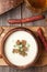 Traditional white beer cream soup with dill