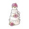 Traditional white tiered wedding cake decorated with pink marzipan roses