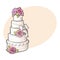 Traditional white tiered wedding cake decorated with pink marzipan roses