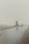 Traditional windmill and farm on dyke, in the mist, Netherlands