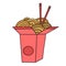 Traditional Wok noodles in takeout carton box with chopsticks. Asian food. doodle, contour drawing. Vector illustration