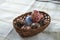 Traditional wood basket with painted Easter egg from Bucovina, Romania.