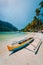 Traditional wooden banca boat on beautiful Las Cabanas beach. Summer vacations, Island hopping, El Nido, magic of