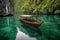 traditional wooden boat anchored near an untouched island