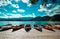 Traditional wooden boats Pletna on the backgorund of Church on the Island on Lake Bled, Slovenia. Europe.