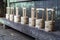 Traditional wooden buckets in a Shinto shrine