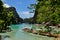 Traditional wooden filipino boats in a blue lagoon