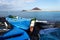 Traditional wooden fishing boats in El Medano harbour with Montana Roja in background, Tenerife, Canary Islands, Spain