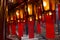 Traditional wooden and glass Chinese lanterns at the Man Mo Temple in Hong Kong