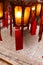 Traditional wooden and glass Chinese lanterns at the Man Mo Temple in Hong Kong