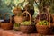 traditional wooden olive baskets filled with olives