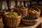 traditional wooden olive baskets filled with olives