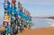 Traditional wooden poles to the hitching post serge. Prayer flags on Olkhon, Buryat Region, Russia, Siberia.