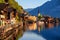 Traditional wooden village Hallstatt on Lake Hallstatt in european Alps, Austria