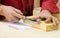 Traditional woodworker using chisel