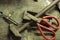 traditional worn and well used fine silversmiths tools on a craftsmans work bench in a work shop, Northern Thailand