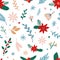 Traditional Xmas plants flat vector seamless pattern. Mistletoe, poinsettia, winterberry on white background. Christmas