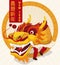 Traditional Yellow Dragon Dancers in Chinese New Year Celebration, Vector Illustration