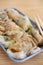 Traditonal Cantonese food of cheong fun or rice noodle rolls vertical composition