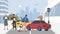 Traffic accident scene with cars, cartoon cityscape with police officer, two car crash
