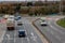 Traffic approaching a roundabout on british roads