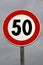 Traffic calming. Maximum velocity 50 km. Road sign