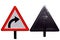 Traffic circle shaped U Turn sign with post on white background. with back side