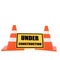 Traffic cones with banner under construction on white in 3D rendering