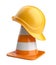 Traffic cones and hardhat. Road sign