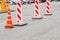 Traffic cones in the middle of the street. traffic safety and roadwork signs