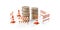 Traffic cones and street barriers surrounding coin stacks over white background, money safety, value protection or banking concept