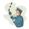 A traffic cop, holding a whistle, stops the car. Vector character design