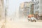 Traffic and dust at Boudha Road in Kathmandu, Nepal