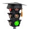 Traffic education, rules and safety on the road. Traffic light with graduation hat, 3D rendering