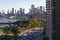 Traffic on FDR Drive during the Evening Rush Hour with a view of the East River and the Brooklyn Skyline