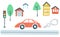 Traffic and house. transportation scenario, red car drives road throw houses and trees. vector illustration doodle